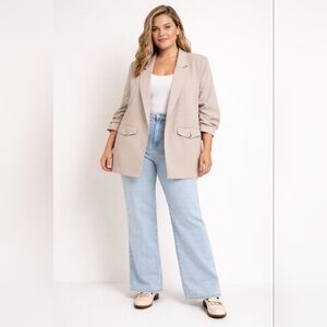 River Island Beige Rouched Sleeves Minimalist Gold Tone Buttons Jacket US10